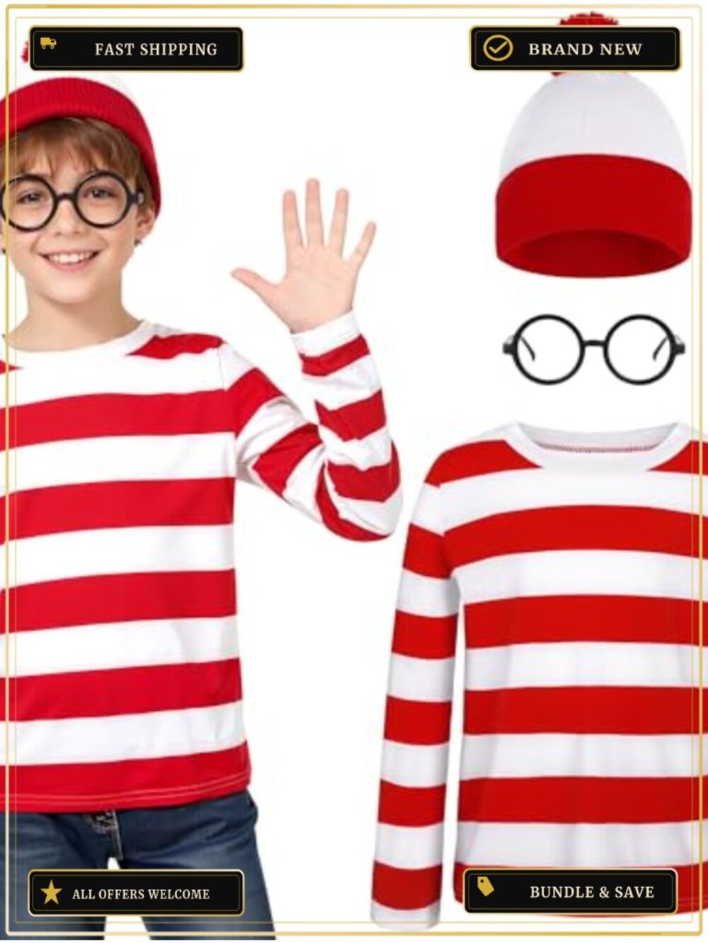 Kids Halloween Costume Set Striped T-Shirt Beanie Nerd Glasses 10-12Y
